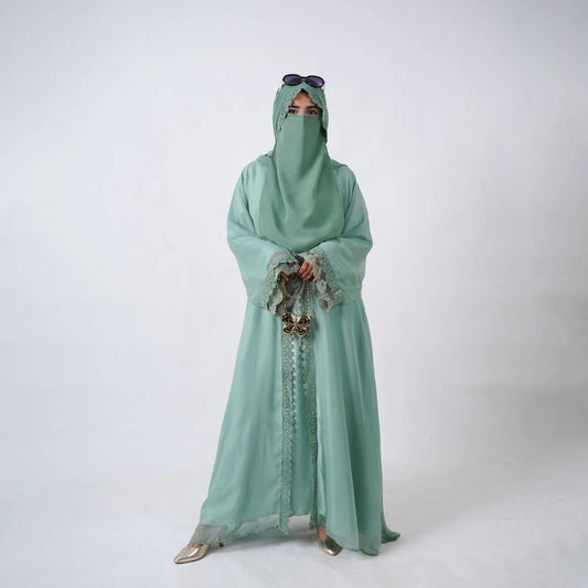 Mint-green laced abaya [ هُدُو ]