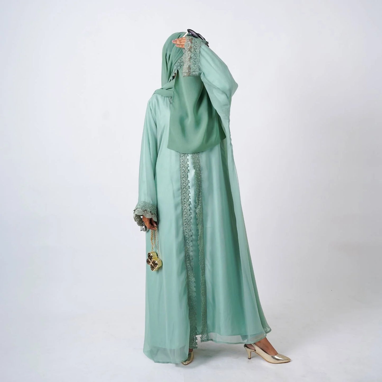 Mint-green laced abaya [ هُدُو ]