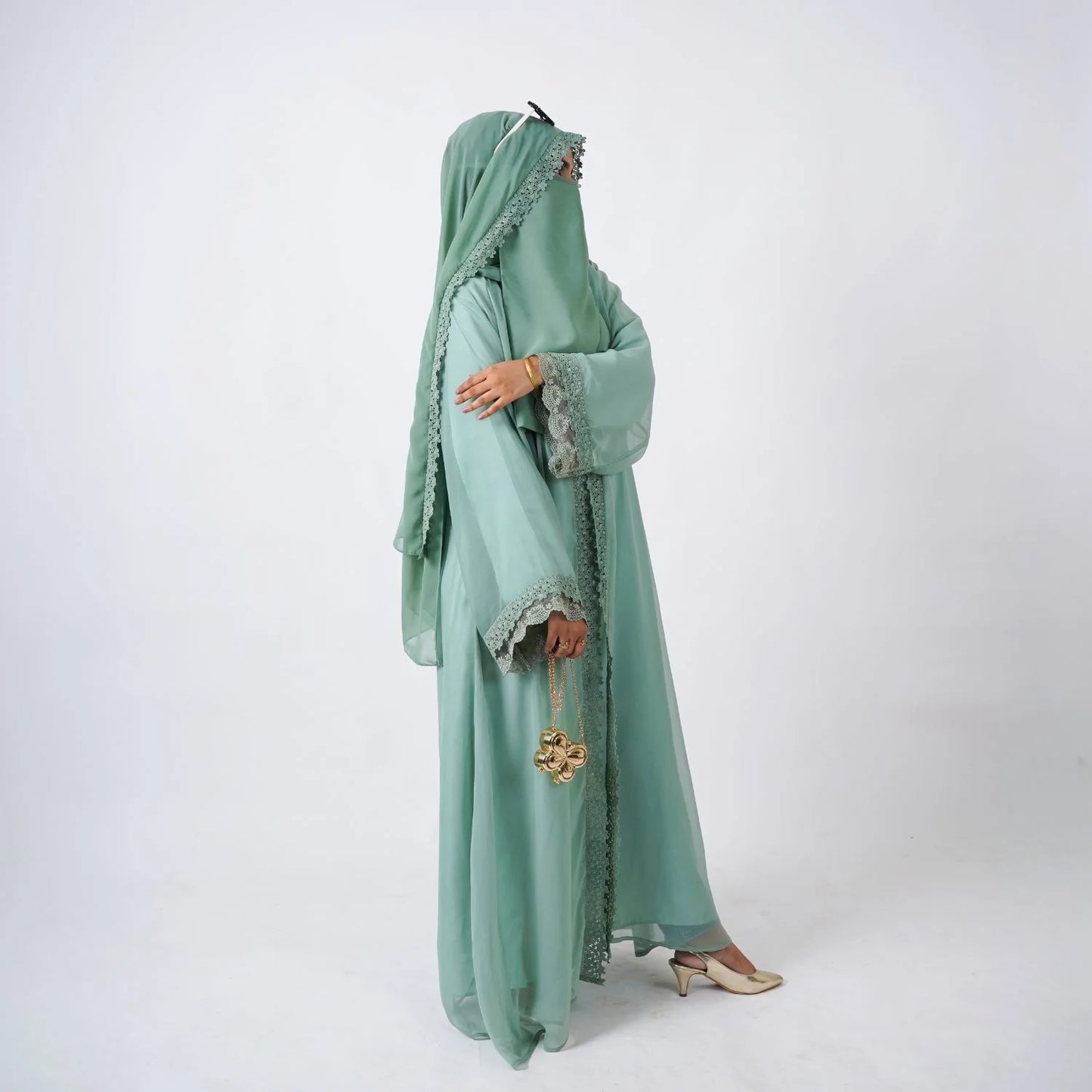Mint-green laced abaya [ هُدُو ]
