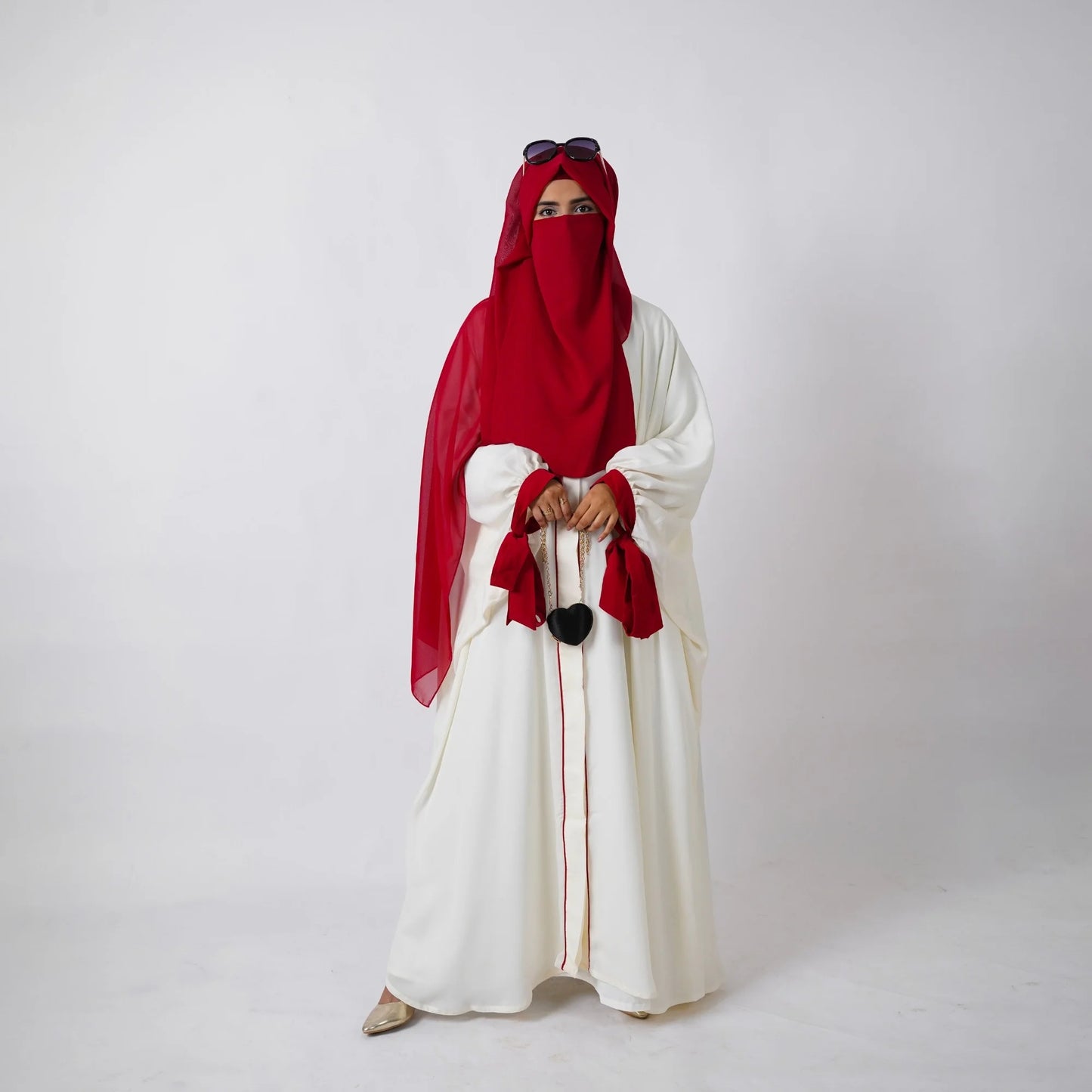 Modest Off-White Abaya Set with Red Tie Sleeves [ سِرايا ]
