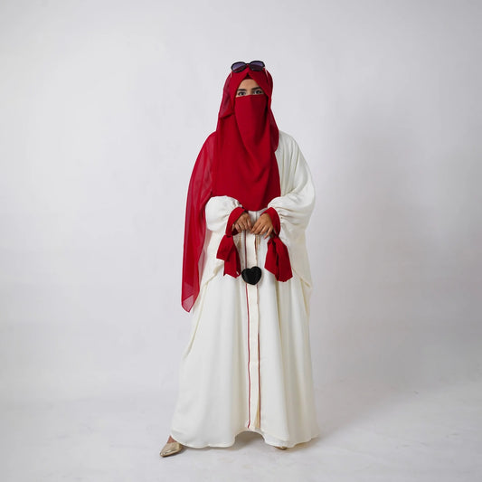 Modest Off-White Abaya Set with Red Tie Sleeves [ سِرايا ]