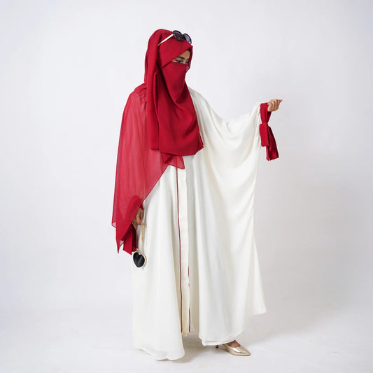 Modest Off-White Abaya Set with Red Tie Sleeves [ سِرايا ]