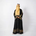 Layali Black Self-Printed Kimono Abaya with Golden Stripes
