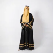 Layali Black Self-Printed Kimono Abaya with Golden Stripes