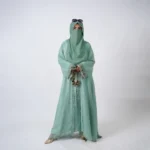 Hudu Sea Green Chiffon Abaya with Lace Detailing