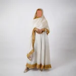 Golden Noor Off-White & Gold Bindi Fabric Flared Frock Set with 2.5-Yard Dupatta