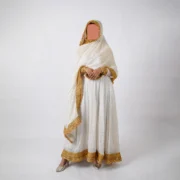 Golden Noor Off-White & Gold Bindi Fabric Flared Frock Set with 2.5-Yard Dupatta