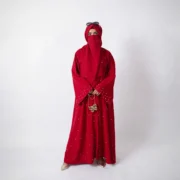 Jumaan Cherry Red Nida Abaya with Pearl Embellishments