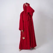 Jumaan Cherry Red Nida Abaya with Pearl Embellishments - Image 4