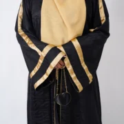 Layali Black Self-Printed Kimono Abaya with Golden Stripes - Image 2