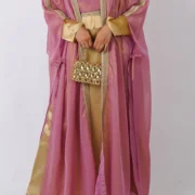 Shafaq Pink Shimmer Farasha-Style Gown with Golden Silk Inner - Image 2