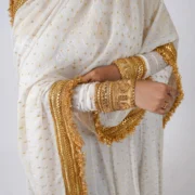 Golden Noor Off-White & Gold Bindi Fabric Flared Frock Set with 2.5-Yard Dupatta - Image 2