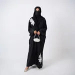 Sahar-un-Najm Black Self-Printed Kaftan with Silver Motifs