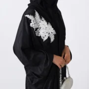 Sahar-un-Najm Black Self-Printed Kaftan with Silver Motifs - Image 2