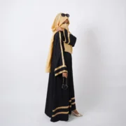Layali Black Self-Printed Kimono Abaya with Golden Stripes - Image 4