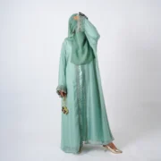 Hudu Sea Green Chiffon Abaya with Lace Detailing - Image 4