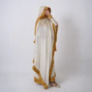 Golden Noor Off-White & Gold Bindi Fabric Flared Frock Set with 2.5-Yard Dupatta - Image 4